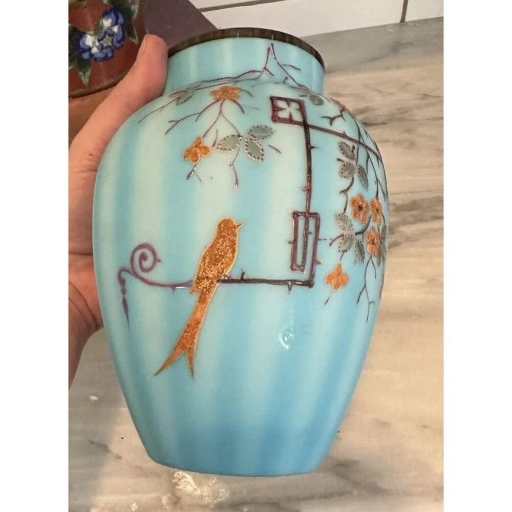 Gorgeous Antique Cased Satin Blue Glass Vase Raised Art Deco Bird Flowers
